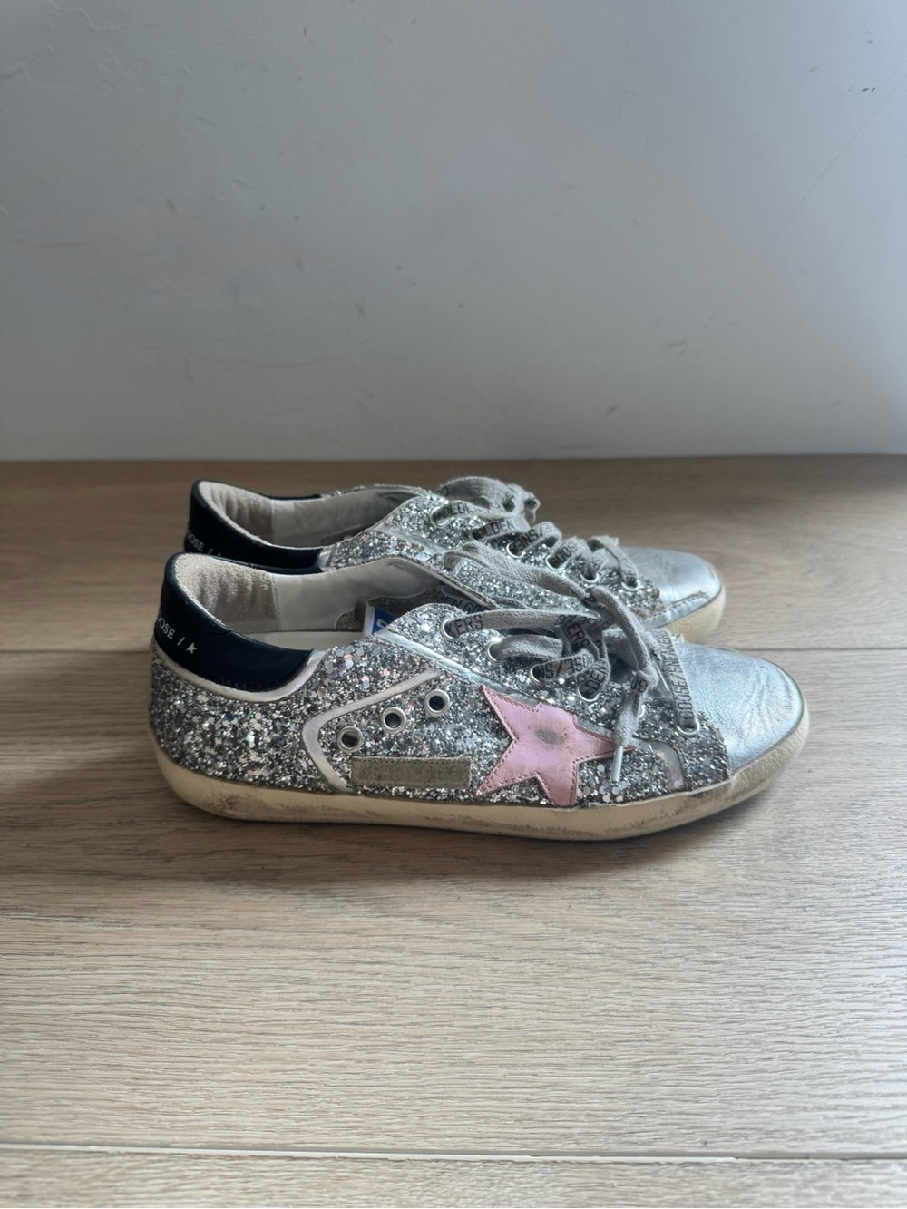 Golden Goose Superstar Sneakers Silver Glitter Pink Star Distressed Size 37 / US